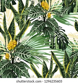 Seamless pattern, bright green colors palm leaves and tropical exotic yellow flowers on white background. 