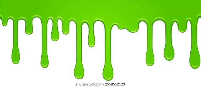 Seamless pattern of bright green dripping slime on white background, creating a sticky and gooey texture, ideal for halloween or any spooky project