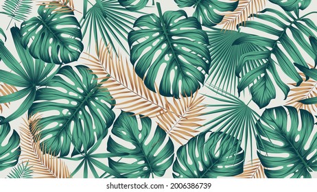 Seamless pattern with bright green leaves of monstera and tropical plants on a light background, contemporary collage trendy exotic vector composition