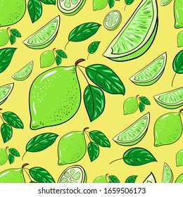 Patrón sin inconvenientes con las limas verdes brillantes y las hojas sobre un fondo amarillo. 