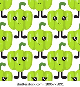 
Seamless pattern with bright green sweet peppers with eyes and legs on a white background. Print for bed linen and fabrics, wrapping paper and wallpaper.
 Stock vector illustration for decoration