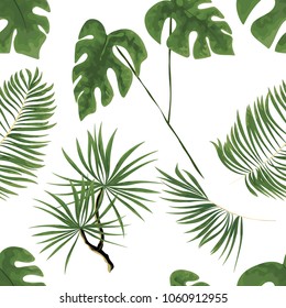 seamless pattern of bright green tropical leaves on white background.Vector Tropical palm leaves seamless pattern. Jungle floral ornamental background. Florals for your poster, banner flayer.
