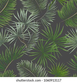seamless pattern of bright green tropical leaves on grey background. Tropical palm leaves, jungle leaves seamless vector floral pattern background.