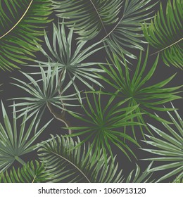 seamless pattern of bright green tropical leaves on grey background. Tropical palm leaves, jungle leaves seamless vector floral pattern background.