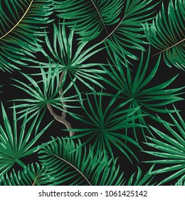 seamless pattern of bright green tropical leaves on black background. Tropical palm leaves, jungle leaves seamless vector floral pattern background.