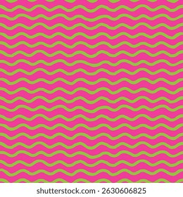 Seamless pattern with bright green wavy lines on a vibrant pink background. Hand-drawn stripe texture creates a fun abstract wave design. Perfect for playful prints or bold decor