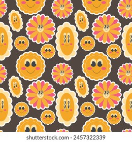 Seamless pattern with bright groovy flowers. 2000s flowers