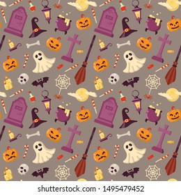 Seamless pattern with bright halloween accessories in flat style