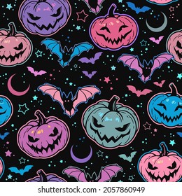 seamless pattern of bright  haloween pumpkins and bats