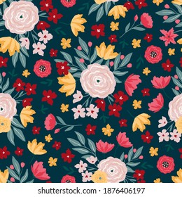 Seamless pattern with bright hand drawn flowers, leaves and florals. Repeating background for wrapping paper, fabric,textile, stationary products decoration.