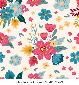 Seamless pattern with bright hand drawn flowers, leaves and florals. Repeating background for wrapping paper, fabric,textile, stationary products decoration.