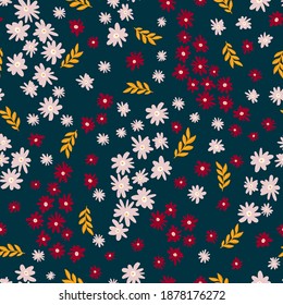 Patrón sin foco con flores dibujadas a mano brillante, hojas y flores. Fondo repetitivo para la decoración de papel, tela, textiles y productos fijos.