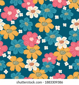 Seamless pattern with bright hand drawn flowers, leaves and florals. Repeating background for wrapping paper, fabric,textile, stationary products decoration.