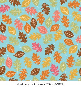 Seamless pattern with bright hand drawn leaves and autumn or fall foliage. Repeating background for wrapping paper, fabric, textile, stationary products decoration.