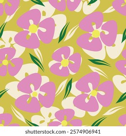 Seamless pattern with bright hand drawn flowers, leaves and florals. Repeating background for wrapping paper, fabric,textile, stationary products decoration