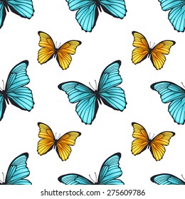 Seamless pattern with bright hand drawn butterflies. Template for your design. Vector illustration