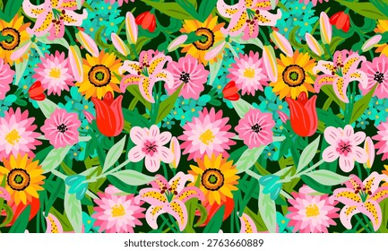 seamless pattern with bright hand drawn summer flowers lilies and sunflowers on dark green background for lush floral textile