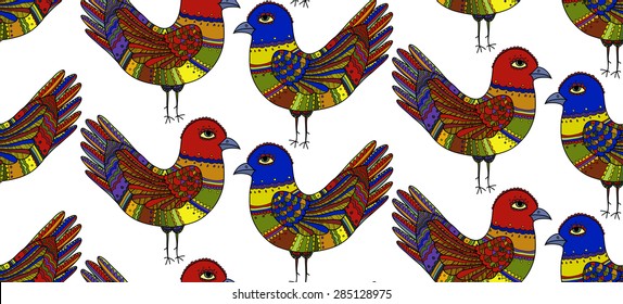 Seamless pattern with bright hand drawn ornamental birds. Vector
