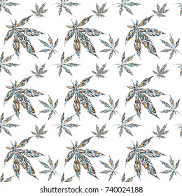 Seamless pattern with Bright hand-drawn marijuana leaf