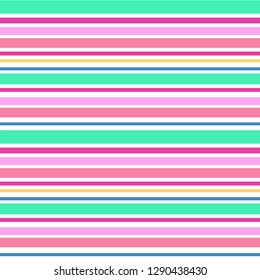 Seamless pattern of bright happy stripes in mint green, pink, yellow and white. Great for textile print, wallpaper, or packaging. Vector file.