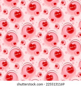 Seamless pattern with bright hearts, circles and dots on pink background. Design background, wallpaper, fabric, textile, digital paper, packaging.