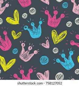 Seamless pattern with bright hearts and crowns on a gray background.