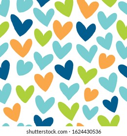 Seamless pattern with bright hearts on a white background.