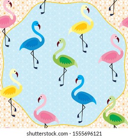 Seamless pattern with bright herons on sea background. Vector texture in childish style great for fabric and textile, wallpapers, backgrounds, cards design