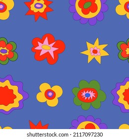 Seamless pattern of bright hippie colors. Bizarre psychedelic plants in the style of the 70s and 80s. For packaging, wallpaper, textiles, design, prints.