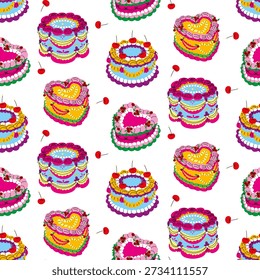 Seamless pattern with bright holiday cakes round and heart-shaped, decorated with cream, cherries. Bright background for dessert for bakery decoration, birthday wrapping paper, pastry shop decoration