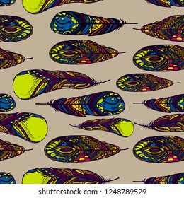 seamless pattern with bright horizontal feathers hand-drawn, on a beige background, ethnic style, vector eps10