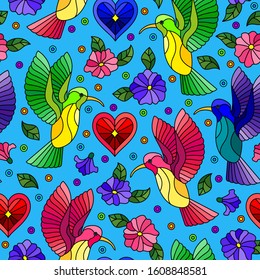 Seamless pattern with bright Hummingbird birds and flowers on a blue background