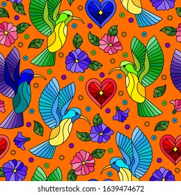 Seamless pattern with bright Hummingbird birds and flowers on an orange background