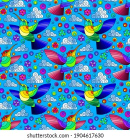 Patrón sin foco con aves colibríes brillantes, nubes y flores, pájaros brillantes sobre fondo azul