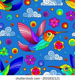 Patrón sin foco con aves colibríes brillantes, nubes y flores, pájaros brillantes sobre fondo azul