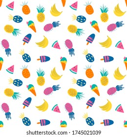 Seamless pattern of  bright ice cream and fruits (pineapple, watermelon and bananas), vector illustration
