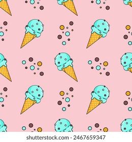 seamless pattern of bright ice cream and round crumbs on pink background