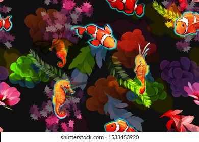Seamless pattern. Bright illustration of fishes and sea horses on dark. Clown fish with undersea background. Hand drawn illustration. Vector - stock.