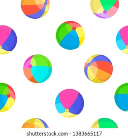 Seamless pattern bright inflatable ball. Green, red, yellow and blue striped beach ball isolated on white background.  Sports and outdoors leisure. Vector illustration