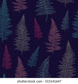 Seamless pattern with bright ink hand drawn fern leaves on dark blue background . Vector illustration