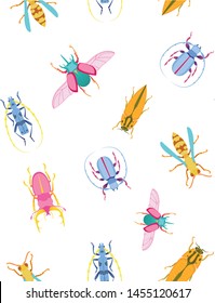 Seamless pattern of bright insects and bugs.