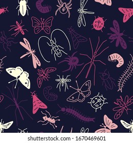 seamless pattern bright insects on dark background