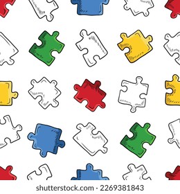 Seamless pattern with bright jigsaw puzzle pieces on white background. Vector sketch illustration in doodle, cartoon vintage engraved style. Autism awareness day, strategy, textile, texture, games