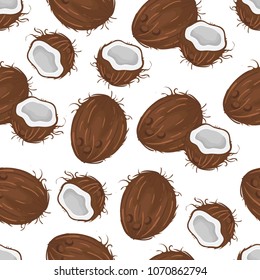 Seamless pattern with bright juicy brown firm furry coconuts, halves, nuts. Cartoon style.