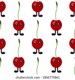 Seamless pattern with bright and juicy cherries with eyes and legs on a white background. Print for bed linen and fabrics, wrapping paper and wallpaper.
Stock vector illustration for decoration
