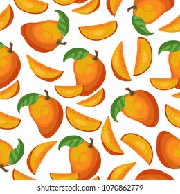 Seamless pattern with bright juicy orange, yellow, ripe mango with leaves, halves, grains. Cartoon style.