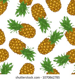 Seamless pattern with bright juicy orange, brown, green, yellow, ripe pineapples. Cartoon style.