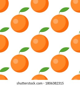 Nahtloses Muster mit heller und saftiger Orange auf weißem Hintergrund. Druck für Bettwäsche und Stoffe, Wickelpapier und Tapete.
 Stock-Vektorgrafik für Dekoration und Design.