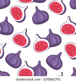 Seamless pattern with bright juicy purple, white, red figs, halves, grains. Cartoon style.