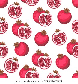 Seamless pattern with bright juicy red garnets, halves, grains. Cartoon style.